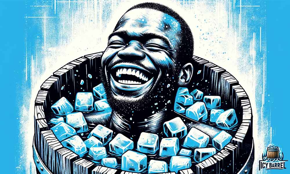Man laughing with illustrated ice cubes surrounding him.