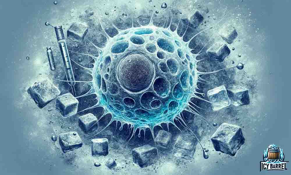 Illustration of a virus with syringe and ice cubes.