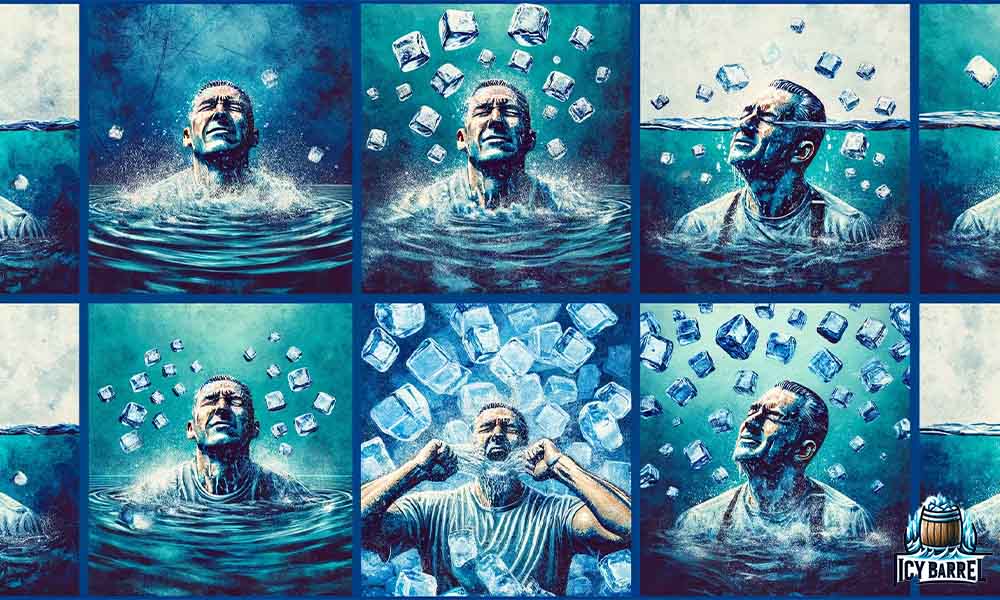 Man submerged in water with ice cubes floating around.