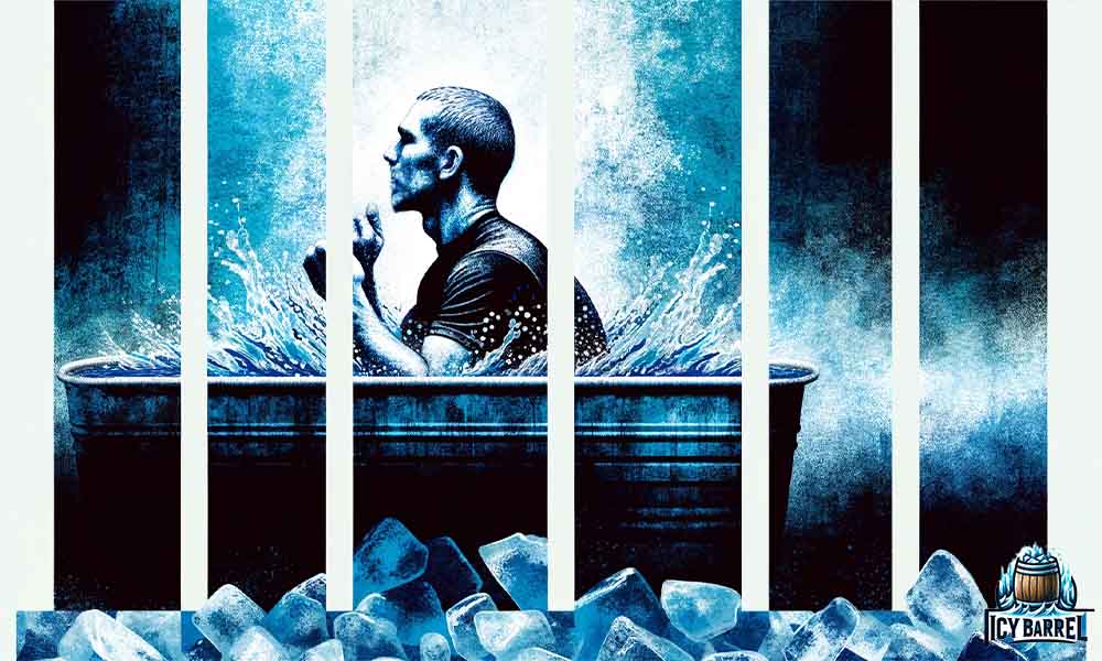 Man contemplating in icy water, artistic cold concept.