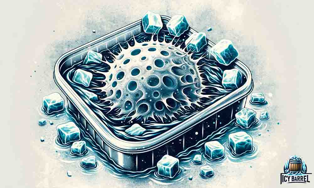 Icy beverage can with floating ice cubes illustration.