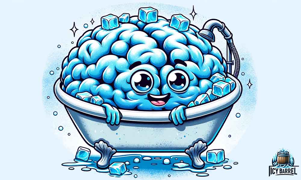 Cartoon brain character relaxing in icy bathtub.