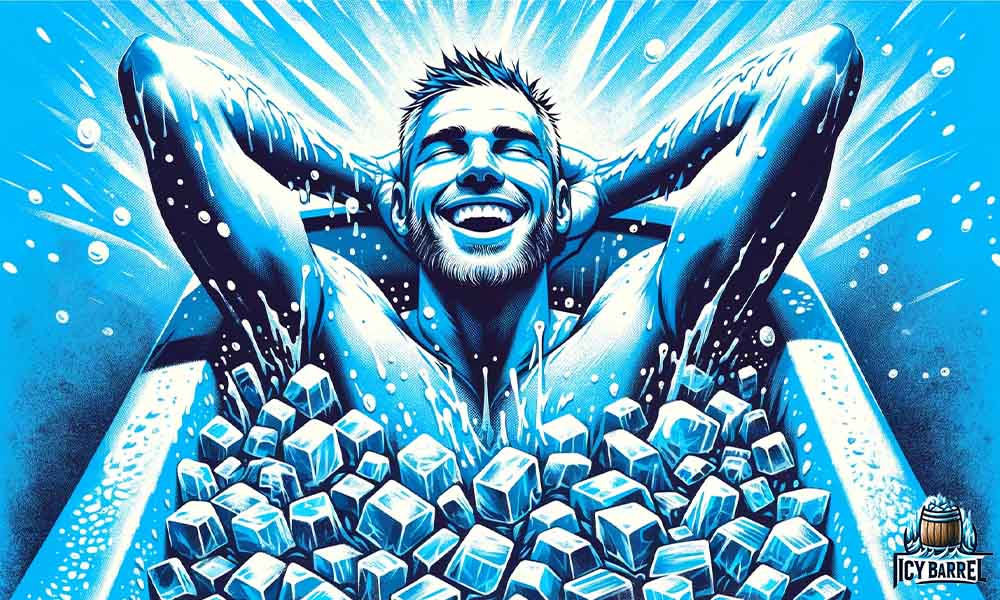 Man emerging joyfully from ice cubes, vibrant blue background.