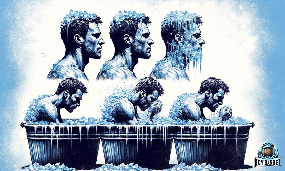 Illustration of man progressing through cold ice bath challenge.