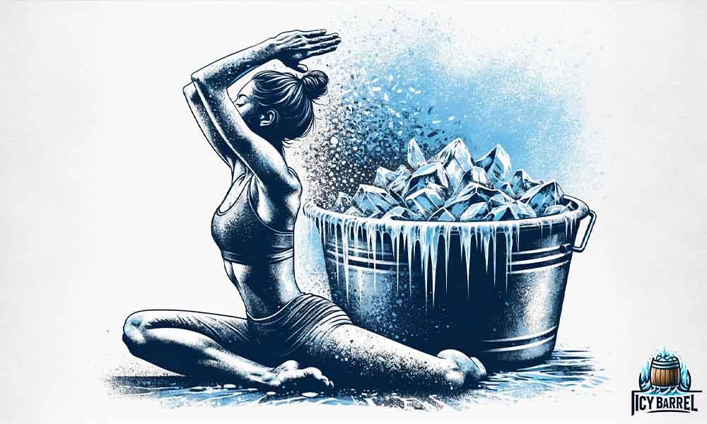 Woman practicing yoga near icy barrel.